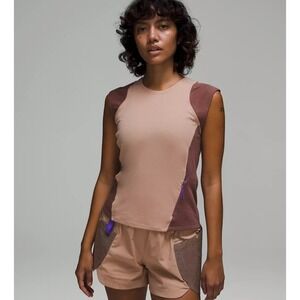 Lululemon Cap Sleeve Hiking Tank Top Colorblock Brown Tan Women's Size 6 EUC‎